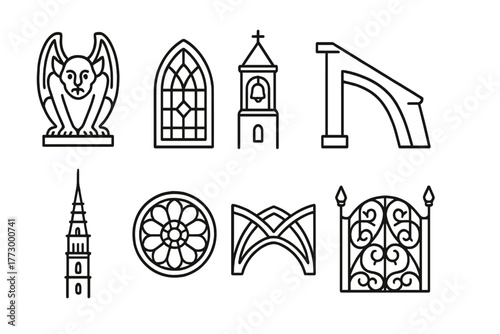 Gothic Architecture Icons. Line style icons of Gothic Elements: Gargoyle, Stained Glass, Bell Tower, Flying Buttress, Spire, Rose