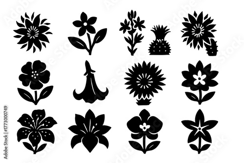 Exotic Night Flowers Icons. Solid style icons of Exotic Night Flowers: night-blooming cereus, jasmine, tuberose, queen of the