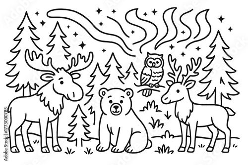 Enchanted Wildlife Gathering. Enchanted taiga scene with moose, bear, owl, and reindeer together under northern lights, black and