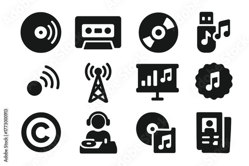 Music Distribution Icons. Solid style icons of music distribution and media: vinyl record, cassette tape, CD disc, USB music,