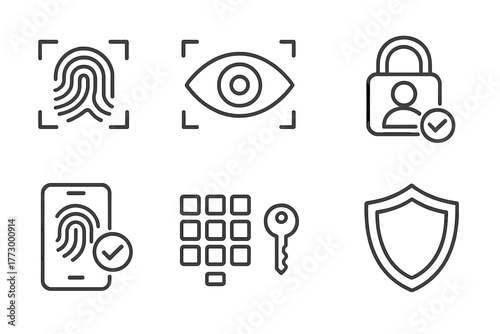 Biometric Security Icons. Line style icons of Biometric Security: Fingerprint, Eye Scan, Access Granted, Personal Identity, Lock