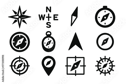Compass Icon Collection. Solid style icons of compass symbols: classic compass rose, N-S-E-W icon, magnetic needle, rotating