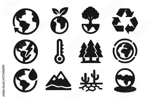 Earth Icons Collection. Solid style icons of earth and environment: rotating globe, eco planet, tree on earth, recycling arrow,