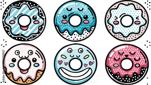 Delightful cartoon donuts with sweet frosting and adorable expressions, a charming treat for dessert lovers