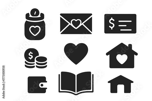 Charity Icons Collection. Solid style icons of charitable giving: donation jar, envelope, check, heart symbol, wallet, stack of