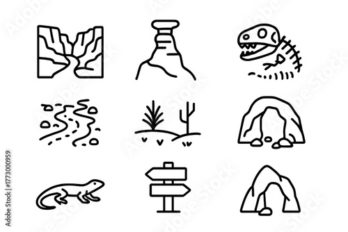 Badlands Icon Collection. Line style icons of Hidden Badlands: Secret Canyon, Hoodoo, Fossil, Dry Creek, Sparse Vegetation, Rock