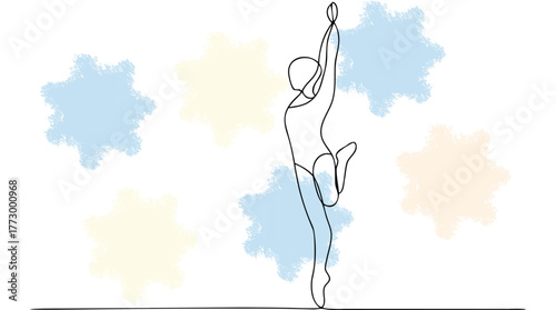 Dynamic Yoga Pose in Line Art with Soft Pastel Starbursts dancer drawing single line