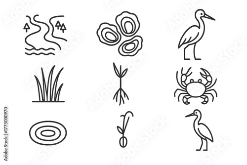 Estuary Line Icons. Line style icons of Estuary: River Mouth, Oyster Bed, Wading Bird, Marsh Grass, Mangrove Seedling, Crab, Water