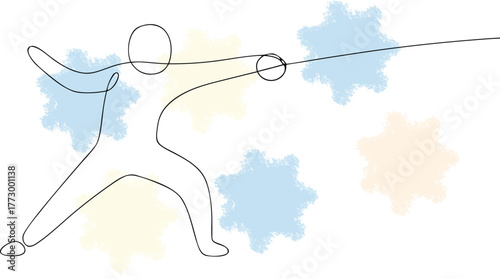 Fencer in Action Line Art with Soft Pastel Starbursts fencing sport single line