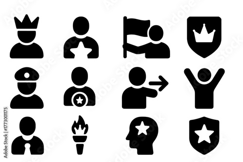 Icons of Leadership. Solid style icons of Leadership: leader with crown, captain star, guide flag, crown badge, chief icon,