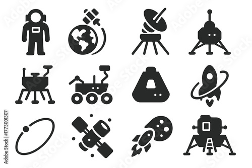Space Exploration Icons. Solid style icons of space exploration: astronaut icon, satellite orbiting earth, deep space probe,