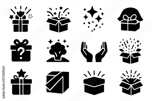 Surprise Gift Icons. Solid style icons of Surprise elements: gift explosion, confetti box, surprise sparkles, hidden present,