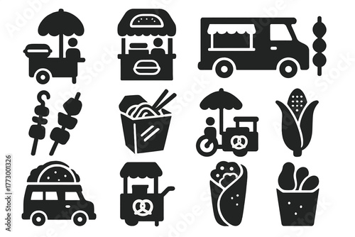 Street Food Icons. Solid style icons of Street food: hotdog stand, burger stall, food truck, kebab skewer, noodle box, ice cream