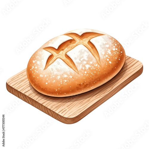 Freshly baked bread on a wooden cutting board isolated on transparent background