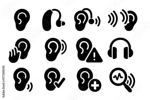 Hearing Aid Icons. Solid style icons of Hearing: hearing ear, hearing aid, cochlear implant, ear with sound waves, ear listening,