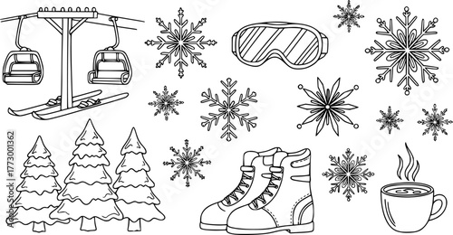 Doodle winter skiing icons: lift, goggles, snowflakes, trees, boots, cozy cup