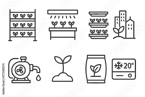 Vertical Farming Icons. Line style icons of Vertical Farm: Hydroponic Rack, LED Light, Stacked Trays, Urban Agriculture, Water