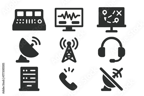 Command Center Icons. Solid style icons of command centers: control panel, computer screen, map board, satellite dish, radio tower