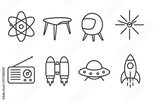Atomic Age Icons. Line style icons of Atomic Age: Atomic Model, Boomerang Table, Space Pod, Starburst Clock, Retro Radio, Jetpack,