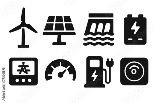 Energy Management Icons. Solid style icons of Energy Managementwind turbine, solar field, hydro station, energy storage, grid