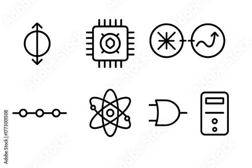 Quantum Computing Icons. Line style icons of Quantum Computing: Qubit, Quantum Processor, Entanglement, Superposition, Quantum