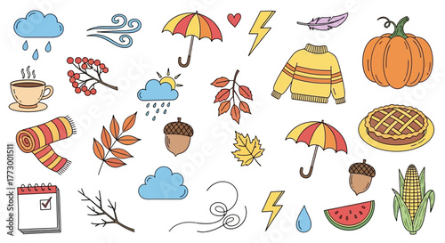 Fall Season Doodle Set Autumn Elements Collection of Hand-drawn Illustrations