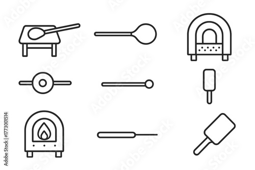 Glassblowing Icon Set. Line style icons of Glassblowing: Marver, Molten Glass, Blowpipe, Annealing Oven, Glass Bead, Pontil,