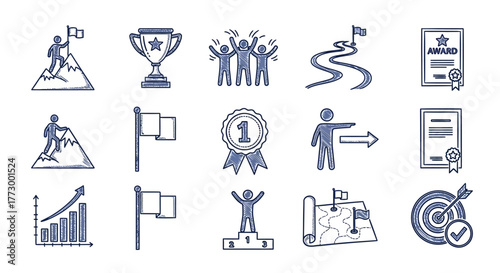 Collection of doodle-style achievement and success icons flags, trophies, awards, charts, targets, and maps