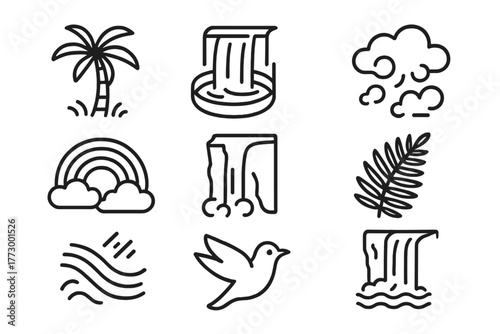 Tropical Waterfall Scene. Line style icons of Tropical Waterfall: Palm, Plunge Pool, Mist, Rainbow, Cliff Face, Fern, Flowing