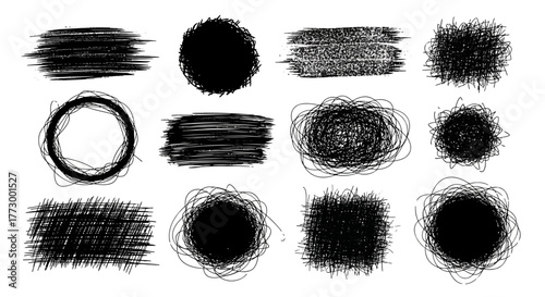 Abstract graphic collection of chaotic pencil scribbles, hatching textures, and hand-drawn grunge shapes for modern design