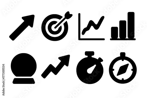 Solid Prediction Icons. Solid style icons of predictions: arrow, target, graph line, chart, crystal ball, trend arrow, stopwatch,