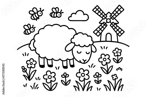 Sheep in Meadow. Gentle sheep grazing in a meadow with a windmill, flowers, and buzzing bees around, black and white line art,