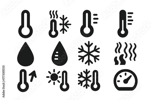 Temperature Icons Collection. Solid style icons of temperature and thermometers: thermometer full, hot temperature icon, cold