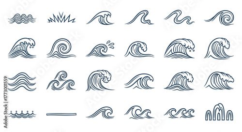 Set of various blue wave icons, hand-drawn style illustration for water, ocean, and sea themes