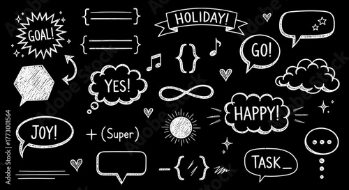 Set of hand-drawn chalk elements on a black background including speech bubbles, text, symbols, and shapes for design and decoration