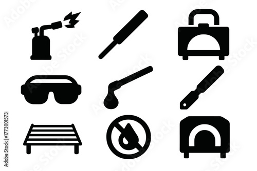 Glassworking Tools Icons. Solid style icons of Glassworking: blowtorch, glass rod, bending tool, annealing oven, safety goggles,