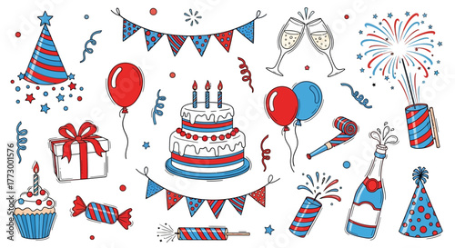 Festive collection of vibrant red, white, and blue celebration elements including party hats, balloons, cake, gifts, and fireworks, ideal for patriotic events or joyful gatherings