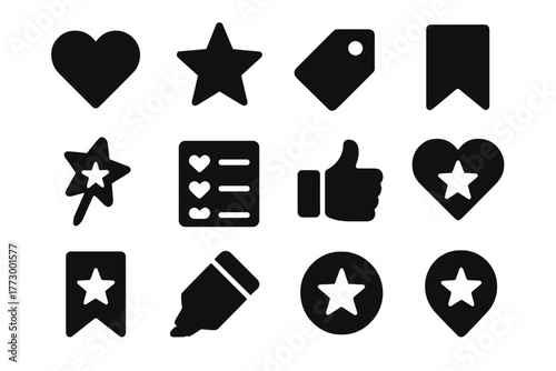 Favorite Icon Variations. Solid style icons of favorite and bookmarks: heart star, saved tag, bookmark ribbon, pin star, favorite