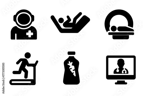 Space Medicine Icons. Solid style icons of Space Medicine: astronaut health, zero gravity bed, radiation shield, medical scanner,