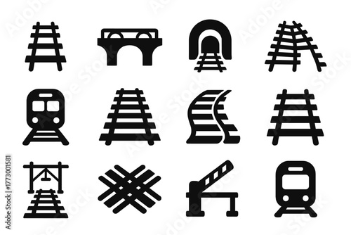 Railway Transport Icons. Solid style icons of railway transport: railway tracks, rail bridge icon, train tunnel, railroad switch,