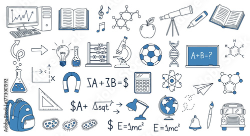 Collection of science and education icons, symbolizing learning, discovery, and knowledge acquisition in a fun and engaging way