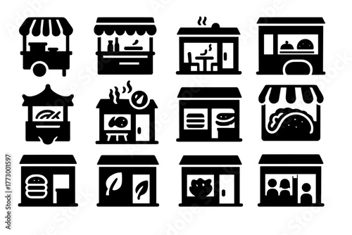 Eateries Icon Collection. Solid style icons of Eateries: street food stall, snack bar, cafeteria, buffet restaurant, noodle house,