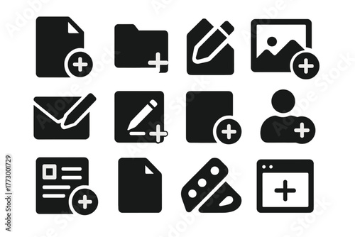 Create Icons Collection. Solid style icons of creating new items: document with plus, new folder icon, create file icon, add photo
