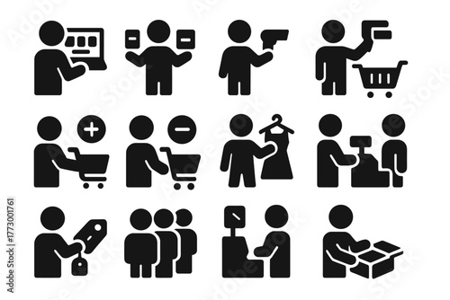 Shopping Icons. Solid style icons of Shopping activities: browsing items, comparing products, scanning barcode, adding to cart,