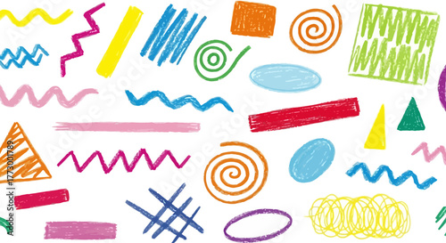 Colorful seamless pattern of hand-drawn crayon doodles and abstract geometric shapes on a white background, vector graphic illustration