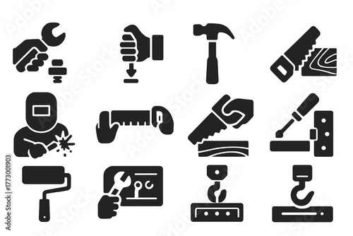 Fixing Actions Icons. Solid style icons of Fixing actions: tightening bolt, turning screw, hammering nail, cutting wood, welding