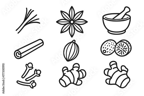 Spice Icons Collection. Line style icons of Spices: Saffron Thread, Star Anise, Mortar and Pestle, Cinnamon Stick, Cardamom Pod,