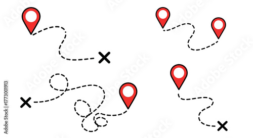 Vector set of red map pins with various dashed navigation routes and 'x' marks, ideal for illustrating journey paths, location tracking, and digital mapping