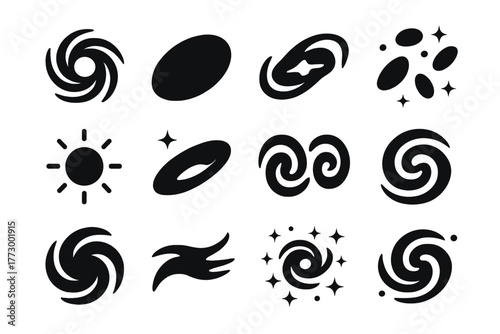 Galaxy Icons Collection. Solid style icons of Galaxy: spiral galaxy, elliptical galaxy, barred galaxy, cluster of galaxies,