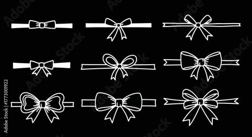 Collection of hand-drawn decorative ribbon bows and flourishes on a black background, perfect for design elements